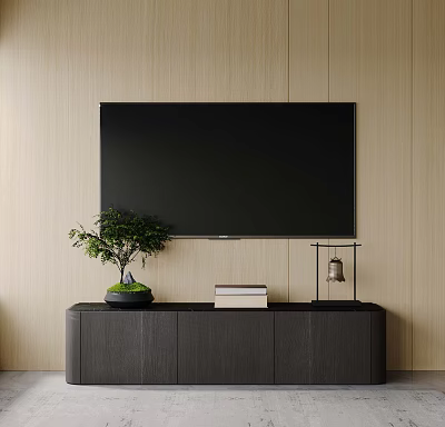 Modern TV Stand with Wall Mounted TV Against Light Wooden Wall and Bonsai Tree Books 3d model