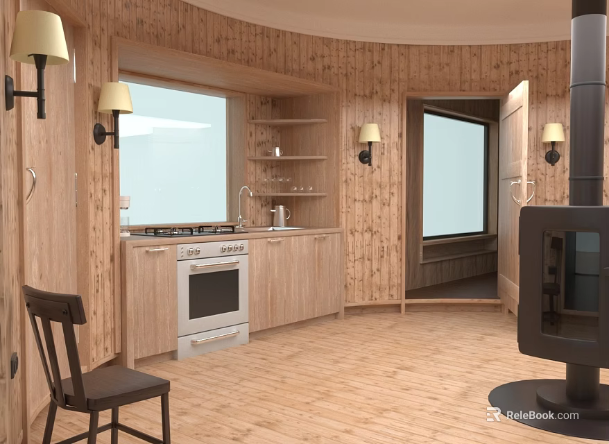 Rustic Kitchen Dining Interior Design With Wooden Walls Cabinets White Oven And Wall Lamps 3d model 