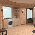 Rustic Kitchen Dining Interior Design With Wooden Walls Cabinets White Oven And Wall Lamps