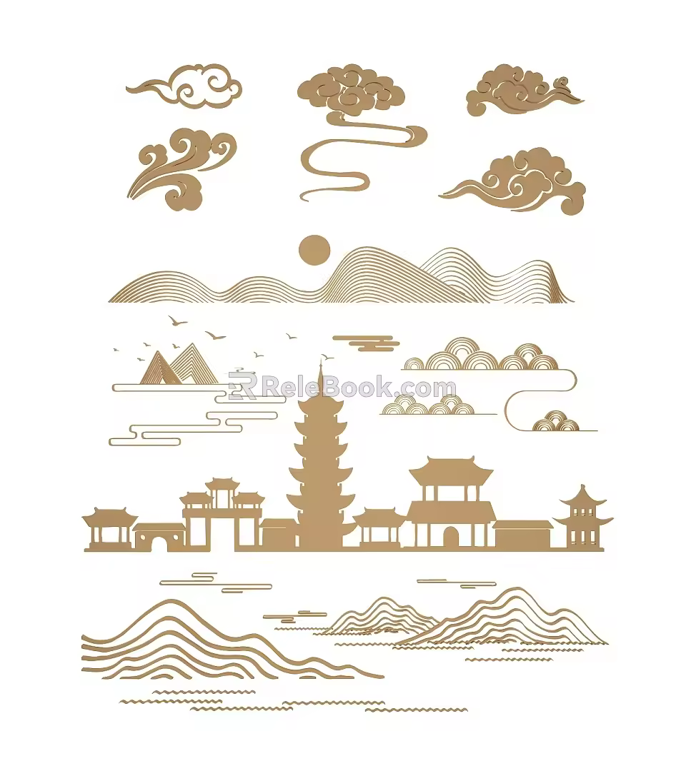 New Chinese-style Carved Xiangyun Pattern Traditional Pattern Fan Wave Element Landscape Line Draft Architecture 3d model