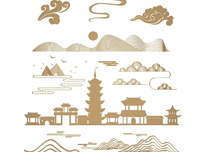 Chinese Traditional Carving Art Featuring Cloud Patterns Mountains Ancient Pagoda and Pavilion 3d model