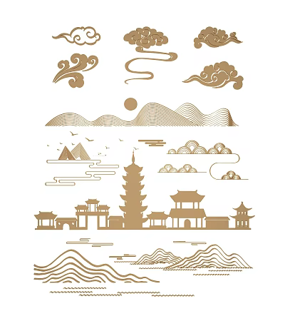 Chinese Traditional Carving Art Featuring Cloud Patterns Mountains Ancient Pagoda and Pavilion 3d model