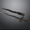 Ornate Blue Metal Sword With Intricate Hilt And Decorative Wooden Scabbard