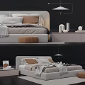 Modern Double Bed Interior Design With Gray Frame Brown Pillows And Decorative Stool 3d model