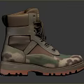 Camouflage Pattern High Top Boots With Brown Upper Green Accents And Orange Soles