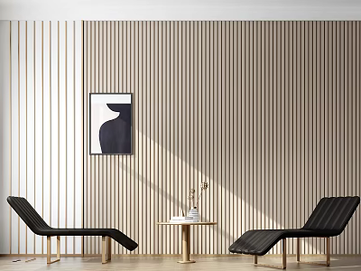 Modern Interior Featuring Black Lounge Chairs Striped Wooden Walls Small Round Table And Decorations 3d model