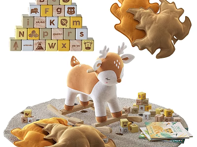 Educational Colorful Alphabet Building Blocks With Plush Deer And Books 3d model