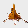 Orange Camping Tent With Door Rolled Blanket Small Kettle Pegs And Ropes On Leafy Ground