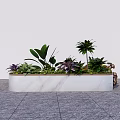 White Marble Rectangular Flower Planter With Green Leaves Purple Foliage And Metal Decoration Outdoor