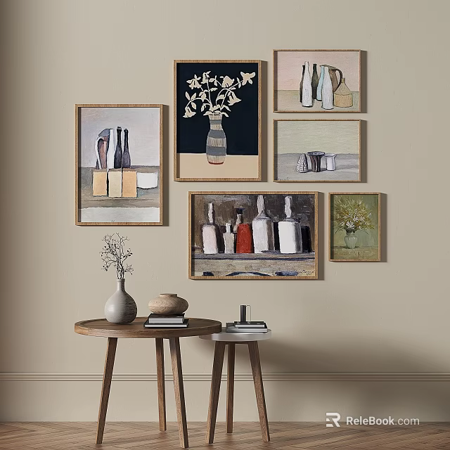 Gallery Wall With Multiple Art Paintings And Small Table With Vase And Books 3d model 