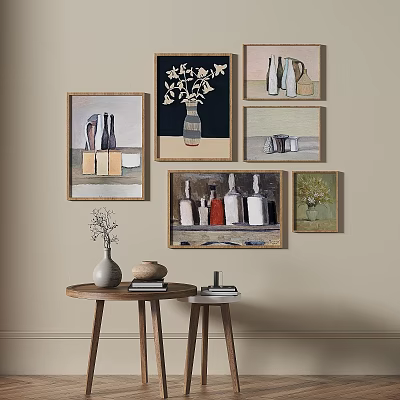 Gallery Wall With Multiple Art Paintings And Small Table With Vase And Books 3d model
