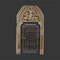 Ornate Antique Arched Wooden Door With Sculpted Figures And Metal Details