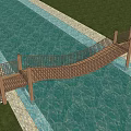 Wooden Landscape Bridge with Railings Spanning Clear Blue Water and Green Grass Stone Path