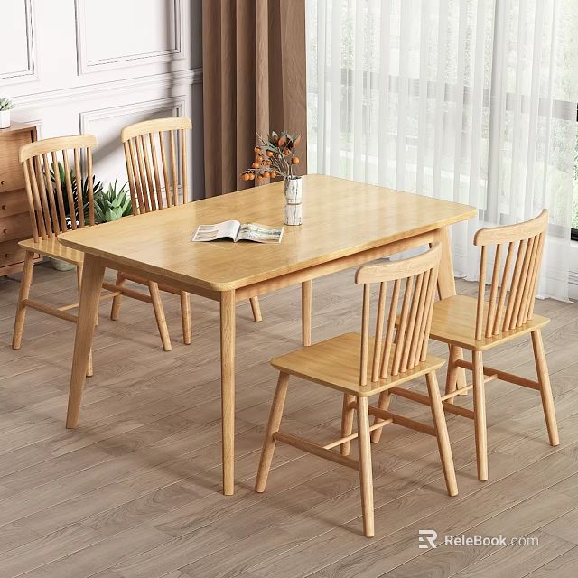 Natural Wooden Dining Table Set with Four Chairs Book Vase and Flowers in Bright Room 3d model 