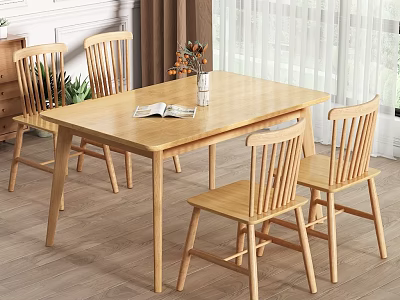 Natural Wooden Dining Table Set with Four Chairs Book Vase and Flowers in Bright Room 3d model
