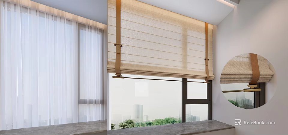 Beige Linen Roman Curtain Design For Window With Natural Light And City View 3d model 