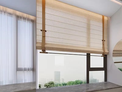 Beige Linen Roman Curtain Design For Window With Natural Light And City View 3d model