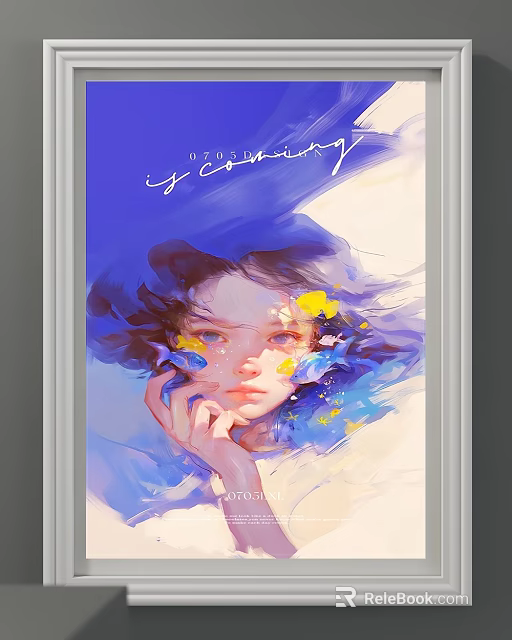 Watercolor Portrait Painting Of Young Woman With Flowing Blue Purple Hair And Yellow Flowers 3d model 