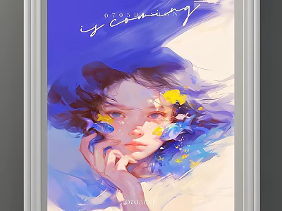 Watercolor Portrait Painting Of Young Woman With Flowing Blue Purple Hair And Yellow Flowers 3d model