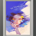 Watercolor Portrait Painting Of Young Woman With Flowing Blue Purple Hair And Yellow Flowers