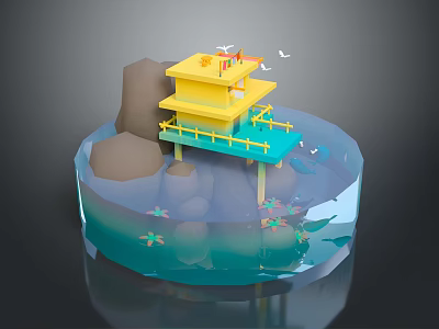 Colorful Water Boat Sailing Near Yellow Floating Hut With Seagulls And Aquatic Plants 3d model