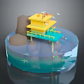 Colorful Water Boat Sailing Near Yellow Floating Hut With Seagulls And Aquatic Plants