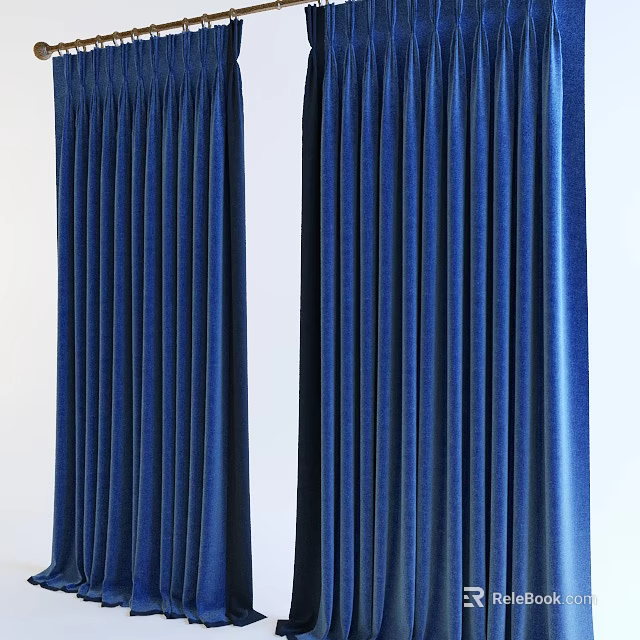 Deep Blue Velvet Curtains with Elegant Drape and Pleated Design Against White Background 3d model 