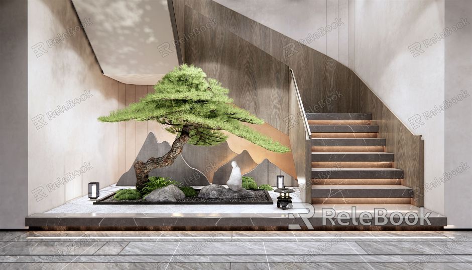 New Chinese style landscape sketch staircase courtyard sketch indoor plant landscape Zen sketch cypress pine stone landscape stone moss ball model