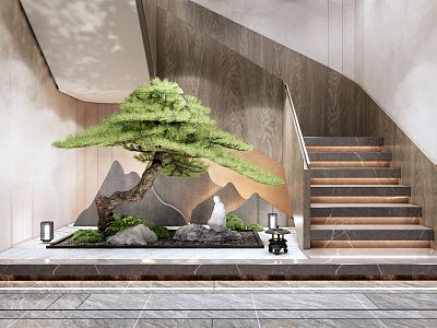 New Chinese style landscape sketch staircase courtyard sketch indoor plant landscape Zen sketch cypress pine stone landscape stone moss ball model