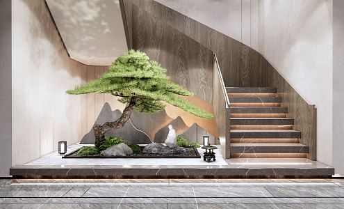 New Chinese style landscape sketch staircase courtyard sketch indoor plant landscape Zen sketch cypress pine stone landscape stone moss ball 3d model