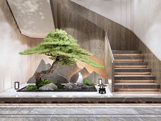 New Chinese style landscape sketch staircase courtyard sketch indoor plant landscape Zen sketch cypress pine stone landscape stone moss ball 3d model