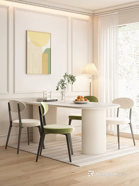 Dining Table Set With Marble Top Green Beige Chairs Floor Lamp Abstract Painting Fruit Bowl 3d model 