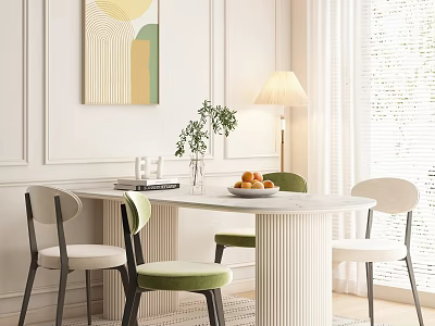 Dining Table Set With Marble Top Green Beige Chairs Floor Lamp Abstract Painting Fruit Bowl 3d model