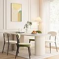 Dining Table Set With Marble Top Green Beige Chairs Floor Lamp Abstract Painting Fruit Bowl