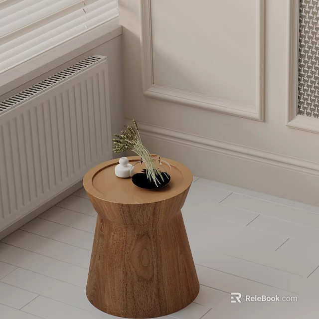 Minimalist Wooden Side Table with Round Top Dried Flowers and White Decor 3d model 