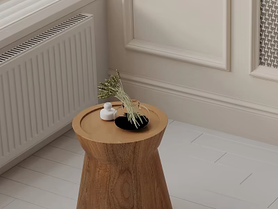 Minimalist Wooden Side Table with Round Top Dried Flowers and White Decor 3d model