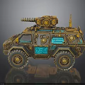 Vintage Armored Military Vehicle With Gold Blue Details And Mechanical Top Gear