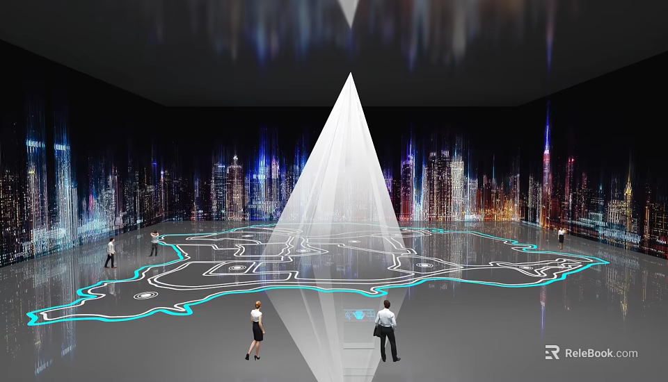 Futuristic Urban Exhibition Space With Illuminated Route Map People Walking And White Light Beam 3d model 