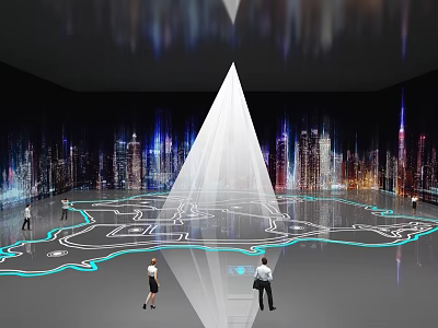 Futuristic Urban Exhibition Space With Illuminated Route Map People Walking And White Light Beam 3d model