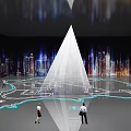 Futuristic Urban Exhibition Space With Illuminated Route Map People Walking And White Light Beam