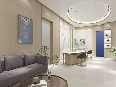 Elegant Jewelry Store Interior With Gray Sofa Display Cabinets And Green Plants 3d model