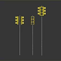 Three Yellow Traffic Lights With Different Illuminated Lamps Standing On Gray Background