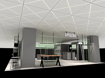 Modern Clothing Store Interior With Ceiling Design Glass Partitions And Display Racks 3d model