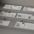 Multiple White Washbasins Displayed in Layers with Faucets and Toiletries