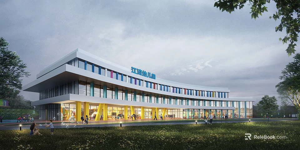Modern School Building With Curved White Exterior Blue Accents Yellow Pillars And Glass Windows 3d model 
