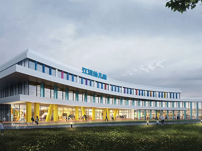 Modern School Building With Curved White Exterior Blue Accents Yellow Pillars And Glass Windows 3d model