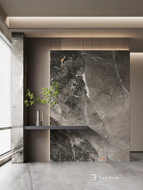 Minimalist Entryway Hallway With Marble Wall Wooden Panels And Decorative Plant On Shelf 3d model 