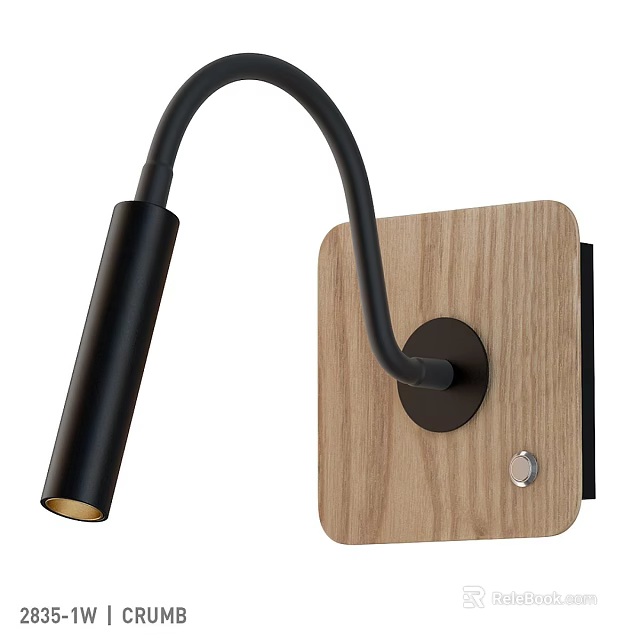 Contemporary Oak Finish Wall Lamp With Black Metal Curved Arm And Cylindrical Shade 3d model 