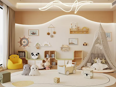 Adorable Plush Dolls in Cozy Kids Room with Tent Bookshelf and Playful Decor 3d model