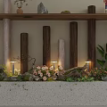 Natural Wooden Pillars and Decorative Stones with Plants Flowers in Indoor Decor Arrangement